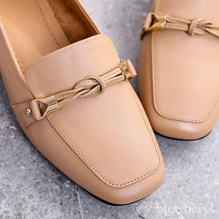 ローファー レディース 本革 チャンキーヒール 3cmヒール ビット ラバーソール スクエアトゥ( ベージュ, 22.5 cm 2.5E)