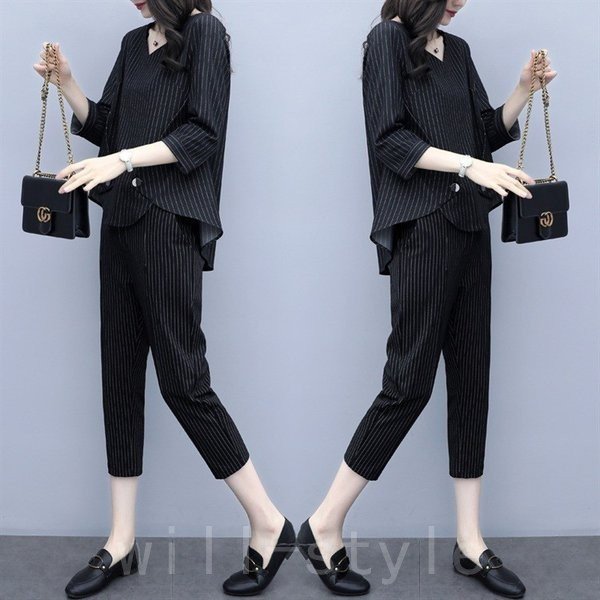 セットアップレディース春夏40代七分袖カジュアル2点セットトップスシャツストライプ七分丈パンツ大きい 母の日 母の日-0003914 セットアップレディース春夏40代七分袖カジュアル2点セットトップスシャツストライプ七分丈パンツ大きい 母の日 母の日-0003914