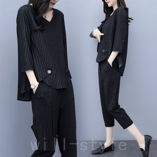 セットアップレディース春夏40代七分袖カジュアル2点セットトップスシャツストライプ七分丈パンツ大きい 母の日 母の日-0003914 セットアップレディース春夏40代七分袖カジュアル2点セットトップスシャツストライプ七分丈パンツ大きい 母の日 母の日-0003914