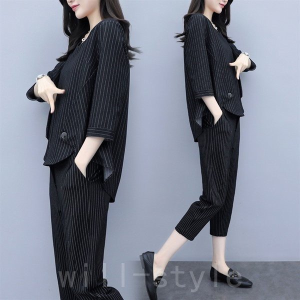 セットアップレディース春夏40代七分袖カジュアル2点セットトップスシャツストライプ七分丈パンツ大きい 母の日 母の日-0003914 セットアップレディース春夏40代七分袖カジュアル2点セットトップスシャツストライプ七分丈パンツ大きい 母の日 母の日-0003914