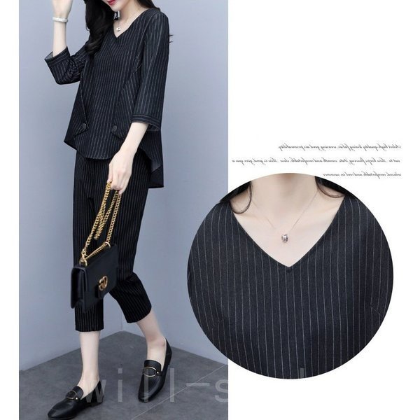 セットアップレディース春夏40代七分袖カジュアル2点セットトップスシャツストライプ七分丈パンツ大きい 母の日 母の日-0003914 セットアップレディース春夏40代七分袖カジュアル2点セットトップスシャツストライプ七分丈パンツ大きい 母の日 母の日-0003914