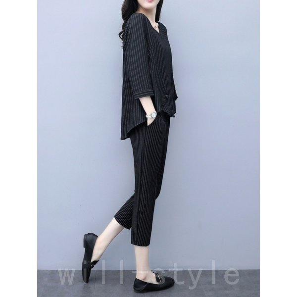 セットアップレディース春夏40代七分袖カジュアル2点セットトップスシャツストライプ七分丈パンツ大きい 母の日 母の日-0003914 セットアップレディース春夏40代七分袖カジュアル2点セットトップスシャツストライプ七分丈パンツ大きい 母の日 母の日-0003914