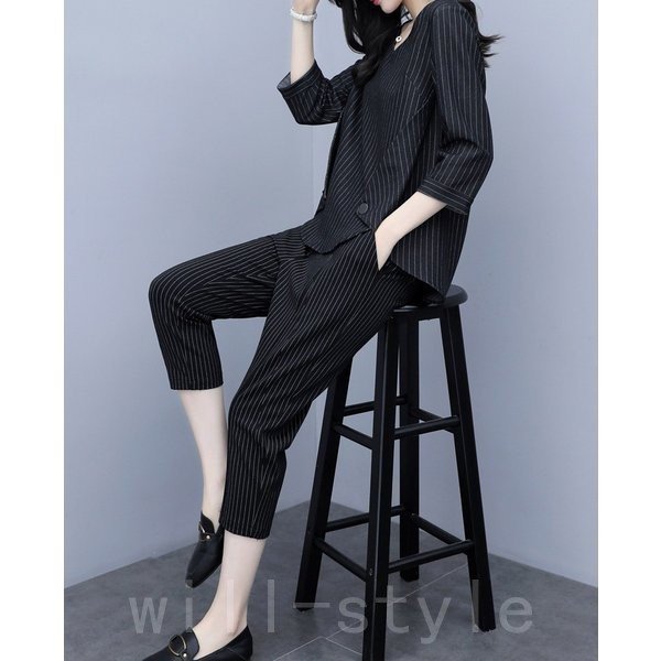 セットアップレディース春夏40代七分袖カジュアル2点セットトップスシャツストライプ七分丈パンツ大きい 母の日 母の日-0003914 セットアップレディース春夏40代七分袖カジュアル2点セットトップスシャツストライプ七分丈パンツ大きい 母の日 母の日-0003914