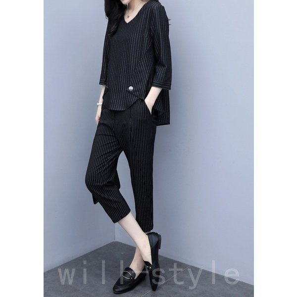 セットアップレディース春夏40代七分袖カジュアル2点セットトップスシャツストライプ七分丈パンツ大きい 母の日 母の日-0003914 セットアップレディース春夏40代七分袖カジュアル2点セットトップスシャツストライプ七分丈パンツ大きい 母の日 母の日-0003914