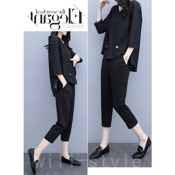 セットアップレディース春夏40代七分袖カジュアル2点セットトップスシャツストライプ七分丈パンツ大きい 母の日 母の日-0003914 セットアップレディース春夏40代七分袖カジュアル2点セットトップスシャツストライプ七分丈パンツ大きい 母の日 母の日-0003914