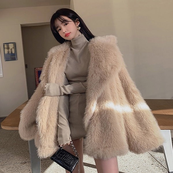 極美品　HAVELESS フェイクファーコート　エコファー　韓国　キャメル Qoo10] フェイクファーミドルコート エコファー