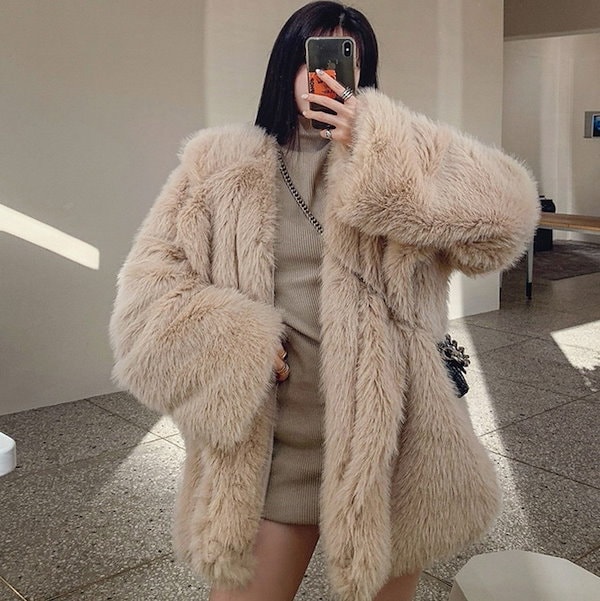 極美品　HAVELESS フェイクファーコート　エコファー　韓国　キャメル Qoo10] フェイクファーミドルコート エコファー