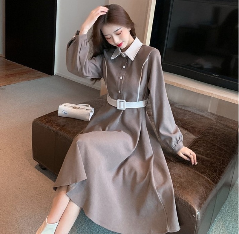 ワンピース シャツワンピース 膝下 ミモレ丈 長袖 Aライン