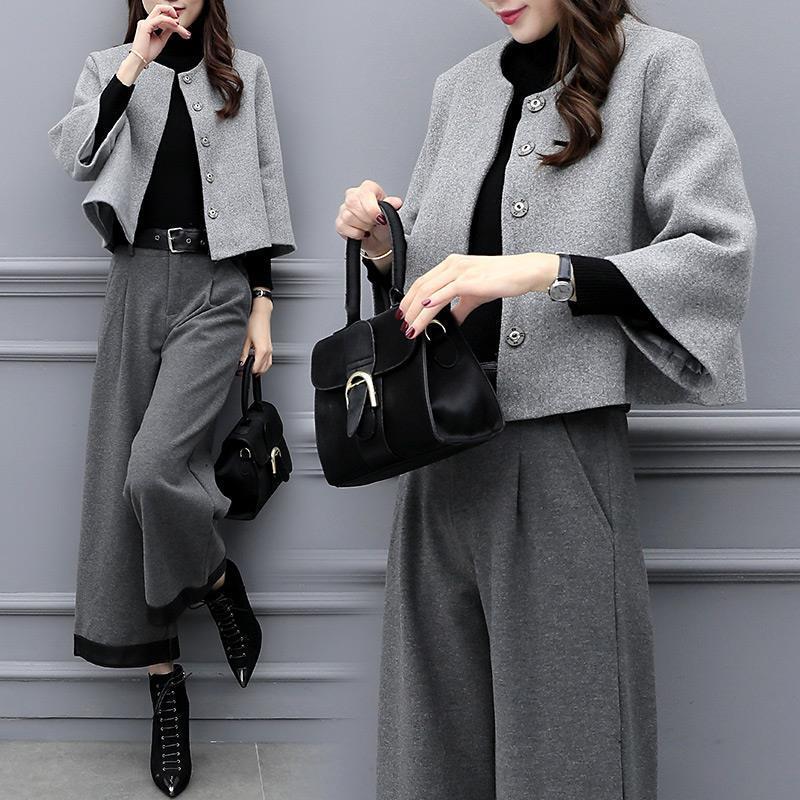 ハイエンドのカスタマイズ-2024 新しい婦人服秋と冬プラスサイズツーピースパンツウールショートコートワイドレッグパンツカジュアルファッションスーツ女性のトレンド
