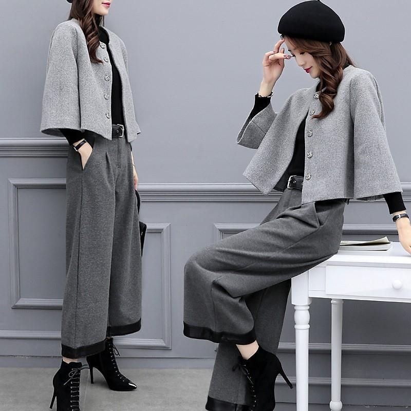 ハイエンドのカスタマイズ-2024 新しい婦人服秋と冬プラスサイズツーピースパンツウールショートコートワイドレッグパンツカジュアルファッションスーツ女性のトレンド