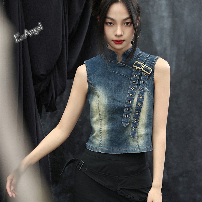 チャイナ風トップス デニム ノースリーブトップス レディース スタンドカラー 袖なし ダンス 衣装 スウィートかっこいい 腰括れ 着瘦せ個性的 おしゃれ
