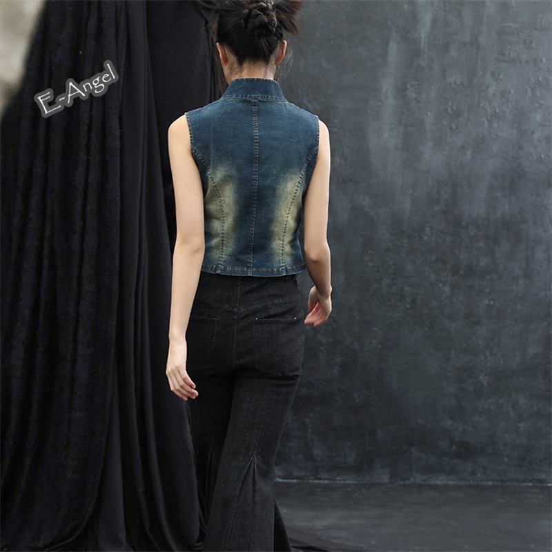 チャイナ風トップス デニム ノースリーブトップス レディース スタンドカラー 袖なし ダンス 衣装 スウィートかっこいい 腰括れ 着瘦せ個性的 おしゃれ