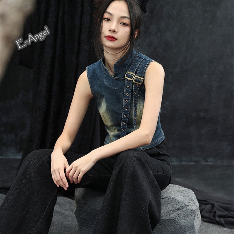 チャイナ風トップス デニム ノースリーブトップス レディース スタンドカラー 袖なし ダンス 衣装 スウィートかっこいい 腰括れ 着瘦せ個性的 おしゃれ