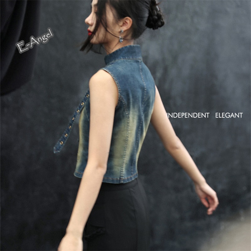 チャイナ風トップス デニム ノースリーブトップス レディース スタンドカラー 袖なし ダンス 衣装 スウィートかっこいい 腰括れ 着瘦せ個性的 おしゃれ
