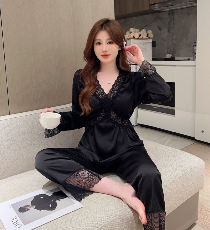 セットアップ ルームウェア パジャマ 部屋着 寝巻き ナイトウェア 長袖 Vネック レース 薄手 上下セット 大人 上品 エキゾチック セクシー 春 秋 冬 レディース お泊まり 旅行 韓国 スタイル