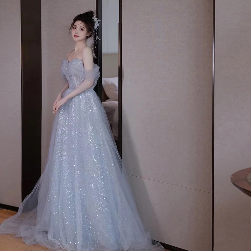 ウェディングドレス カラー パーティードレス オフショルダー ブルー 花嫁ロングドレス 簡約 結婚式 二次会 レース お呼ばれ 挙式 姫系