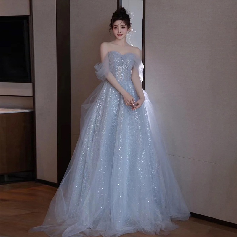 ウェディングドレス カラー パーティードレス オフショルダー ブルー 花嫁ロングドレス 簡約 結婚式 二次会 レース お呼ばれ 挙式 姫系
