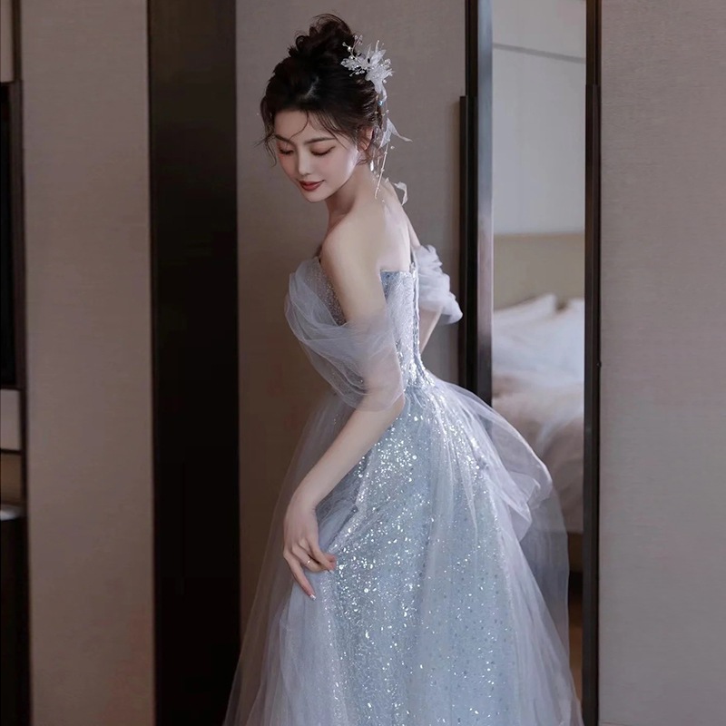 ウェディングドレス カラー パーティードレス オフショルダー ブルー 花嫁ロングドレス 簡約 結婚式 二次会 レース お呼ばれ 挙式 姫系