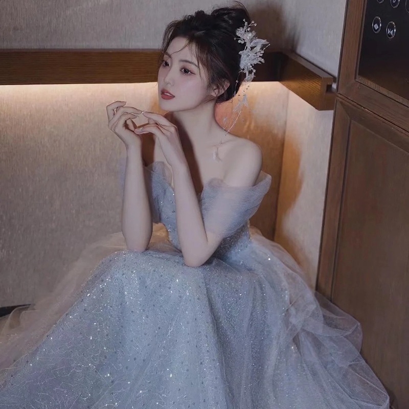 ウェディングドレス カラー パーティードレス オフショルダー ブルー 花嫁ロングドレス 簡約 結婚式 二次会 レース お呼ばれ 挙式 姫系