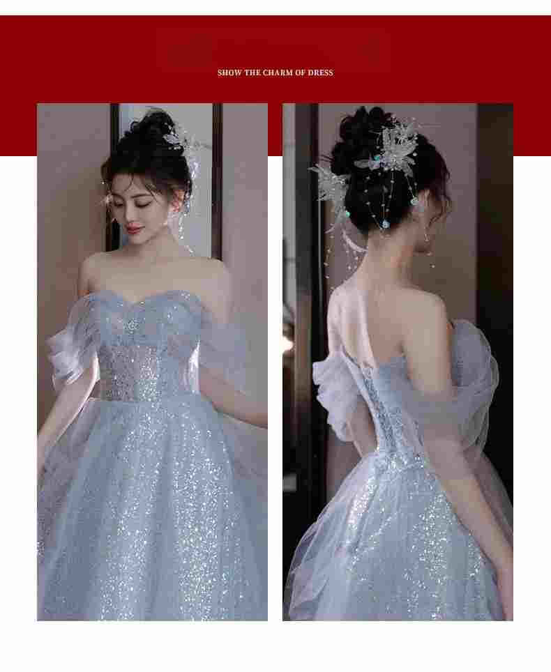 ウェディングドレス カラー パーティードレス オフショルダー ブルー 花嫁ロングドレス 簡約 結婚式 二次会 レース お呼ばれ 挙式 姫系