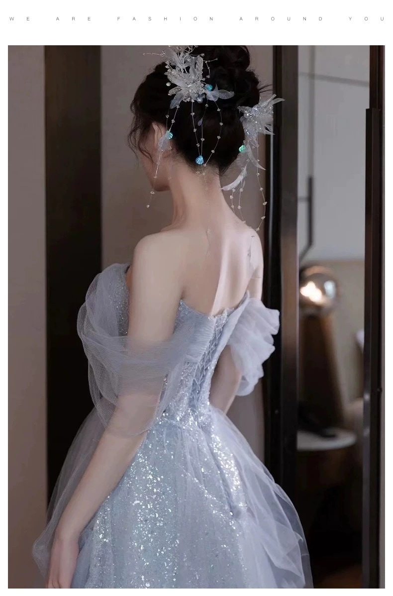 ウェディングドレス カラー パーティードレス オフショルダー ブルー 花嫁ロングドレス 簡約 結婚式 二次会 レース お呼ばれ 挙式 姫系