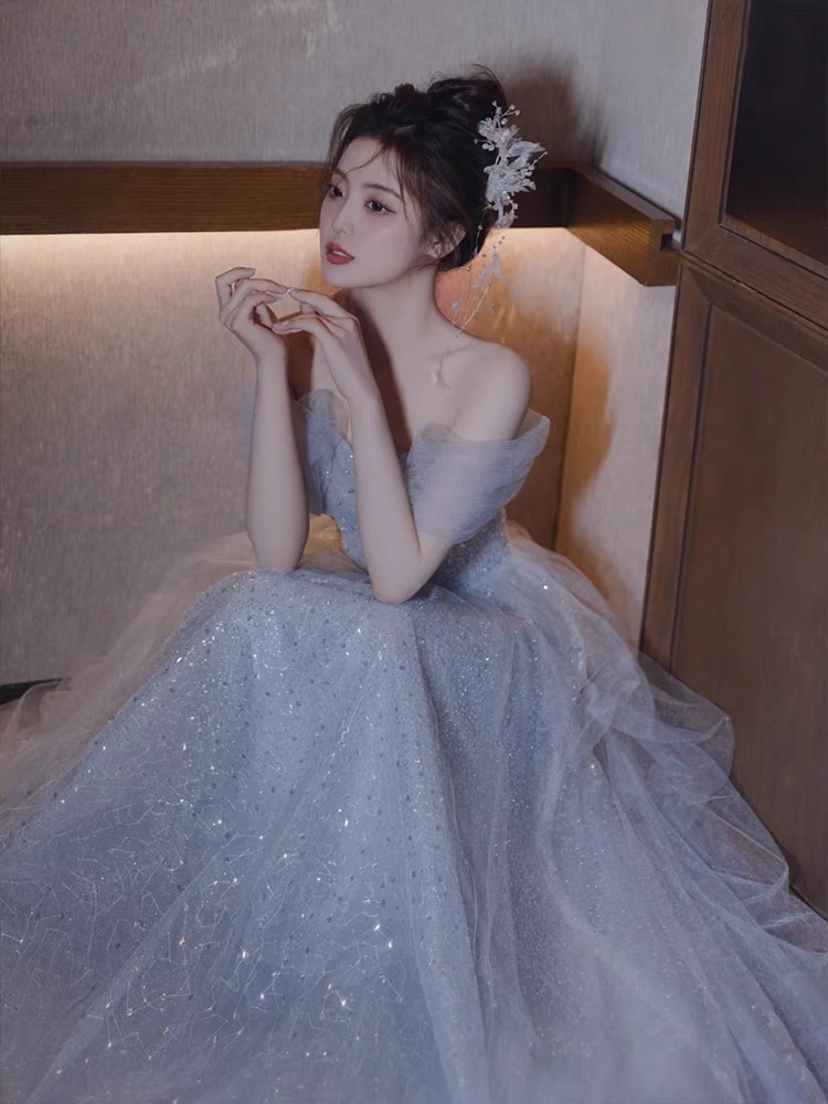 ウェディングドレス カラー パーティードレス オフショルダー ブルー 花嫁ロングドレス 簡約 結婚式 二次会 レース お呼ばれ 挙式 姫系