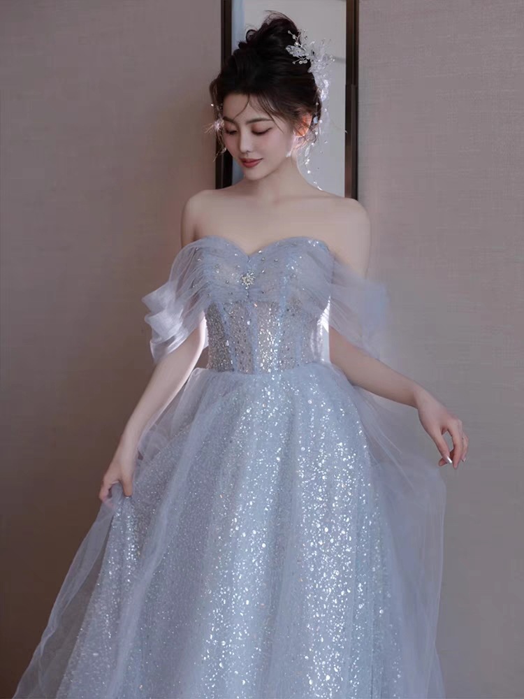 ウェディングドレス カラー パーティードレス オフショルダー ブルー 花嫁ロングドレス 簡約 結婚式 二次会 レース お呼ばれ 挙式 姫系