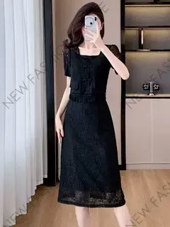 新中国式レトロなスクエアネックレースのフリンジワンピース-26 新中国式レトロなスクエアネックレースのフリンジワンピース-26