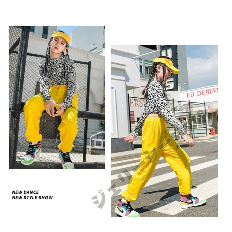 hot!!!ヒョウ柄 キッズ ダンス衣装 ヘソ出し パンツセット イエローパンツ タンクトップ 長袖トップス へ hot!!!ヒョウ柄 キッズ ダンス衣装 ヘソ出し パンツセット イエローパンツ タンクトップ 長袖トップス へ