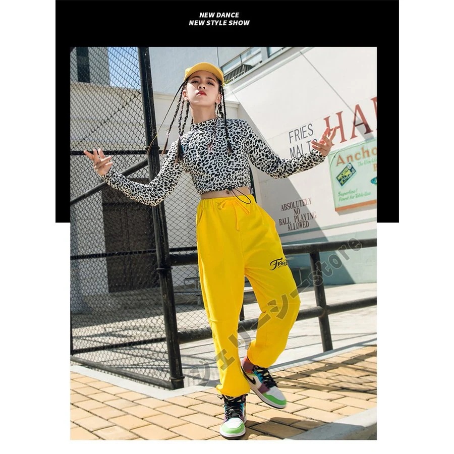 hot!!!ヒョウ柄 キッズ ダンス衣装 ヘソ出し パンツセット イエローパンツ タンクトップ 長袖トップス へ hot!!!ヒョウ柄 キッズ ダンス衣装 ヘソ出し パンツセット イエローパンツ タンクトップ 長袖トップス へ