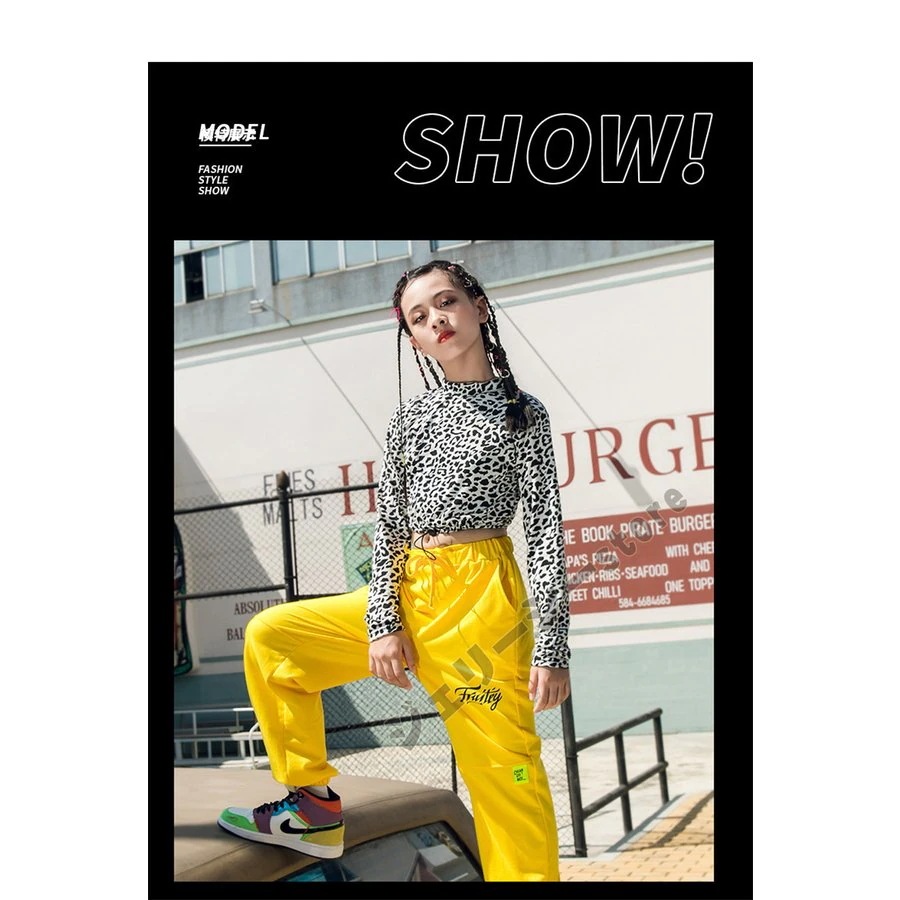 hot!!!ヒョウ柄 キッズ ダンス衣装 ヘソ出し パンツセット イエローパンツ タンクトップ 長袖トップス へ hot!!!ヒョウ柄 キッズ ダンス衣装 ヘソ出し パンツセット イエローパンツ タンクトップ 長袖トップス へ