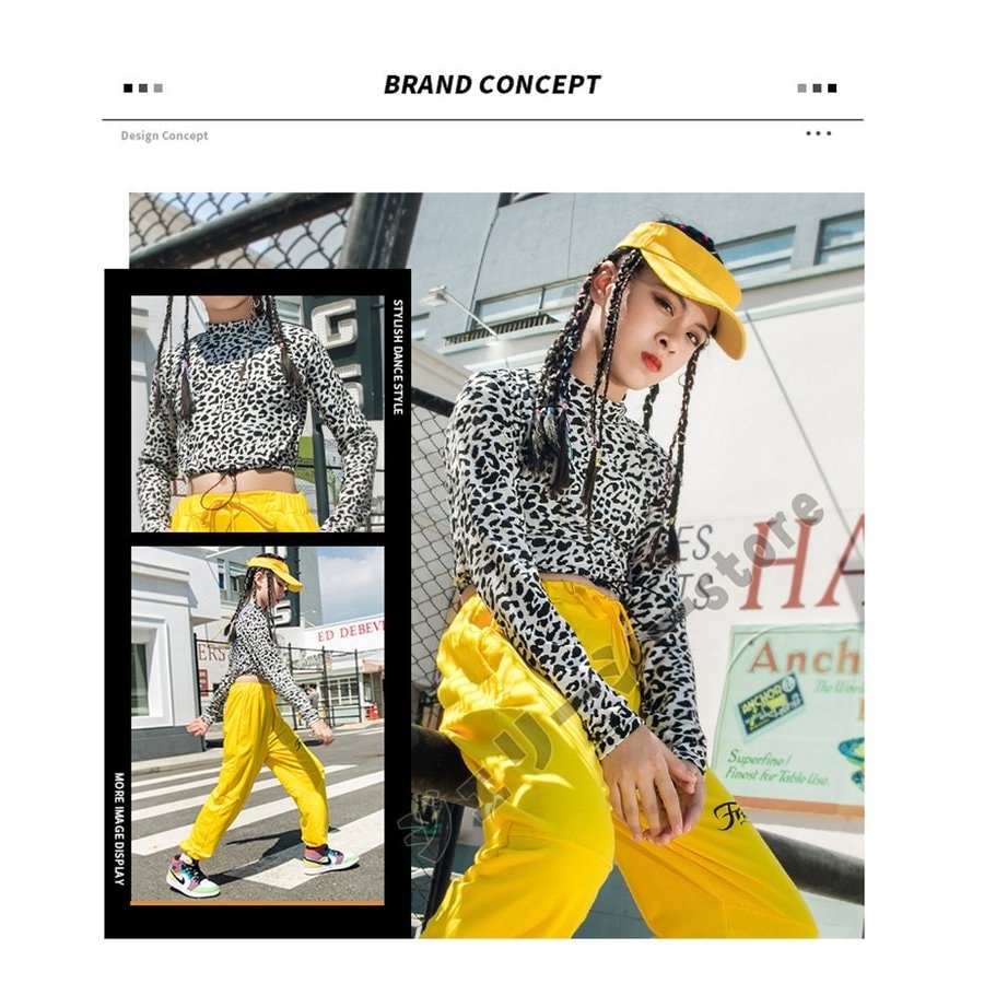 hot!!!ヒョウ柄 キッズ ダンス衣装 ヘソ出し パンツセット イエローパンツ タンクトップ 長袖トップス へ hot!!!ヒョウ柄 キッズ ダンス衣装 ヘソ出し パンツセット イエローパンツ タンクトップ 長袖トップス へ