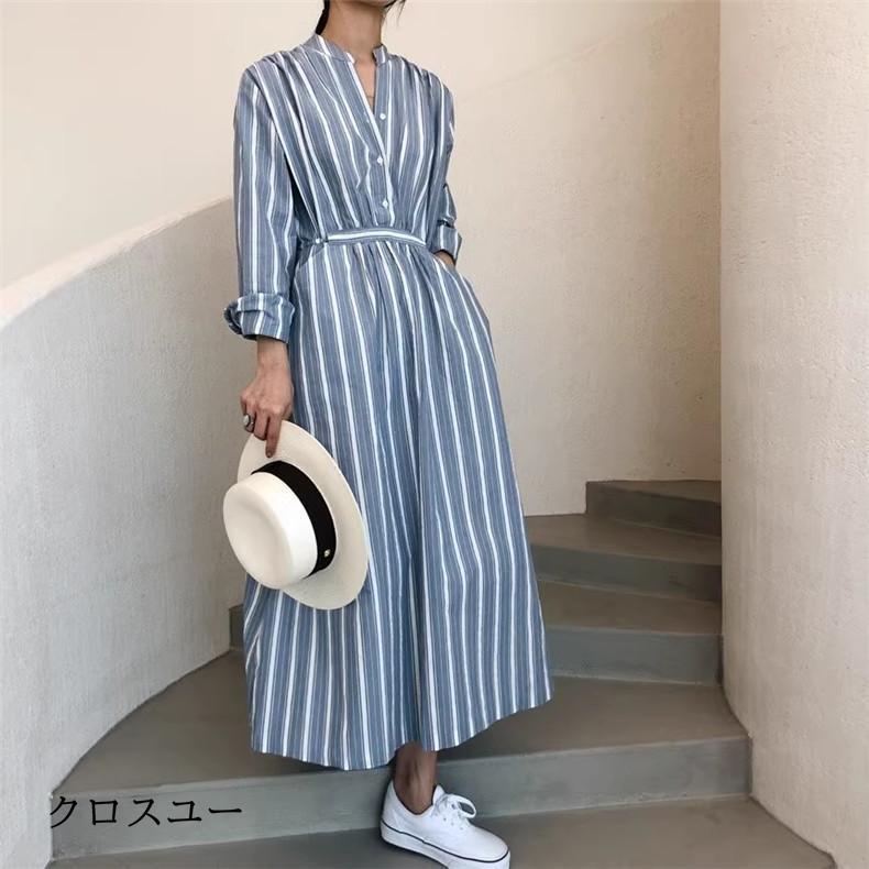 レディース 春 ロングワンピース マキシ丈 綿 大きいサイズ すっきりとした ストライプワンピース 身体のラインを拾わず レディな着こなし素敵