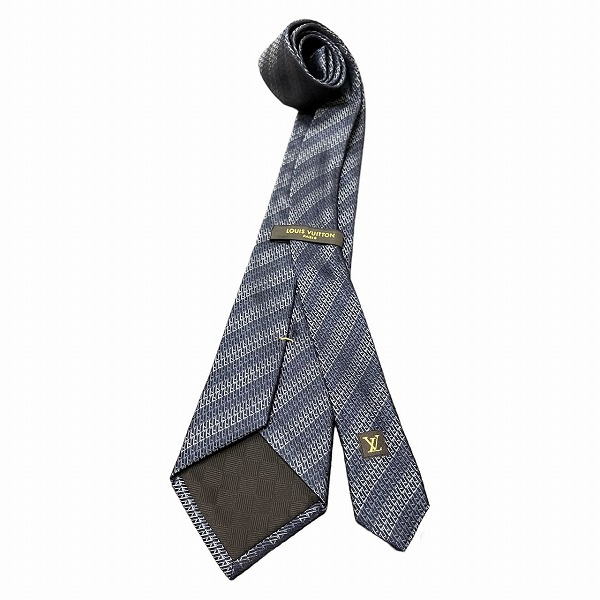 ルイヴィトン ストライプ シルク ネイビー×グレー ネクタイ メンズ 【中古】