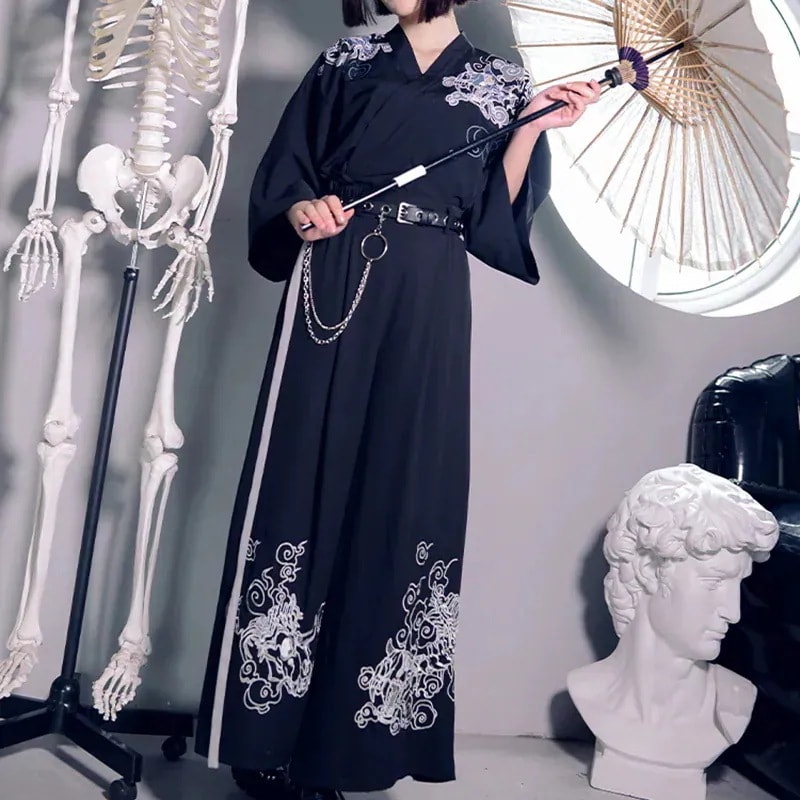 チャイナ風ワイドパンツ ボトムス 刺繍入り 黒いロンパン シフォン 飄逸 チャイナ風ワイドパンツ ボトムス 刺繍入り 黒いロンパン シフォン 飄逸