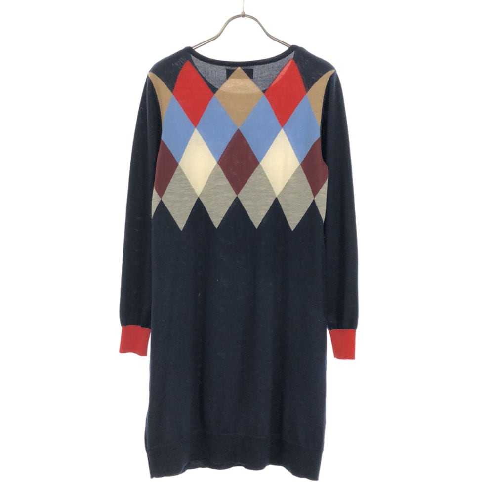ウール アーガイル柄 長袖 ニット ワンピース 8 ネイビー系 レディース