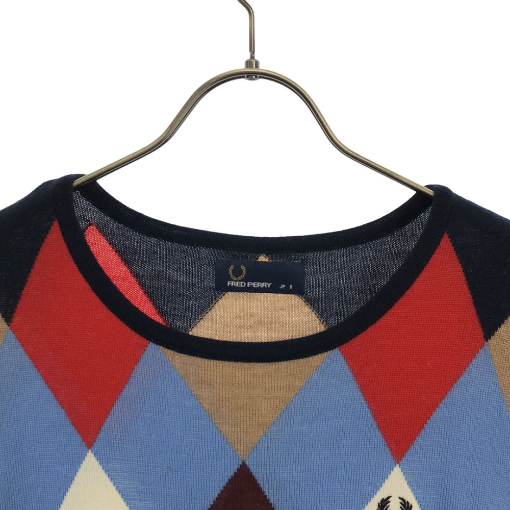 ウール アーガイル柄 長袖 ニット ワンピース 8 ネイビー系 レディース