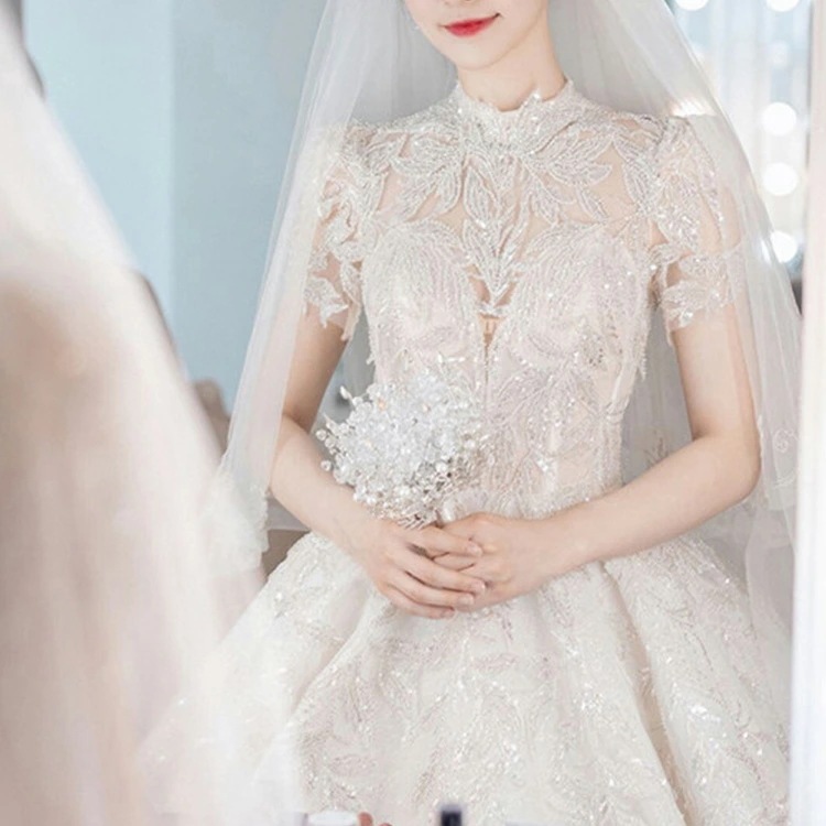 爆裂超特価 ウェディングドレス 袖あり ハイネック 透かし彫り セクシー セクシー 花嫁ドレス 白 ロングドレス スパンコール キラキラ キレイめ 結婚式ドレス ホワイトドレス ブライダルドレス 海外