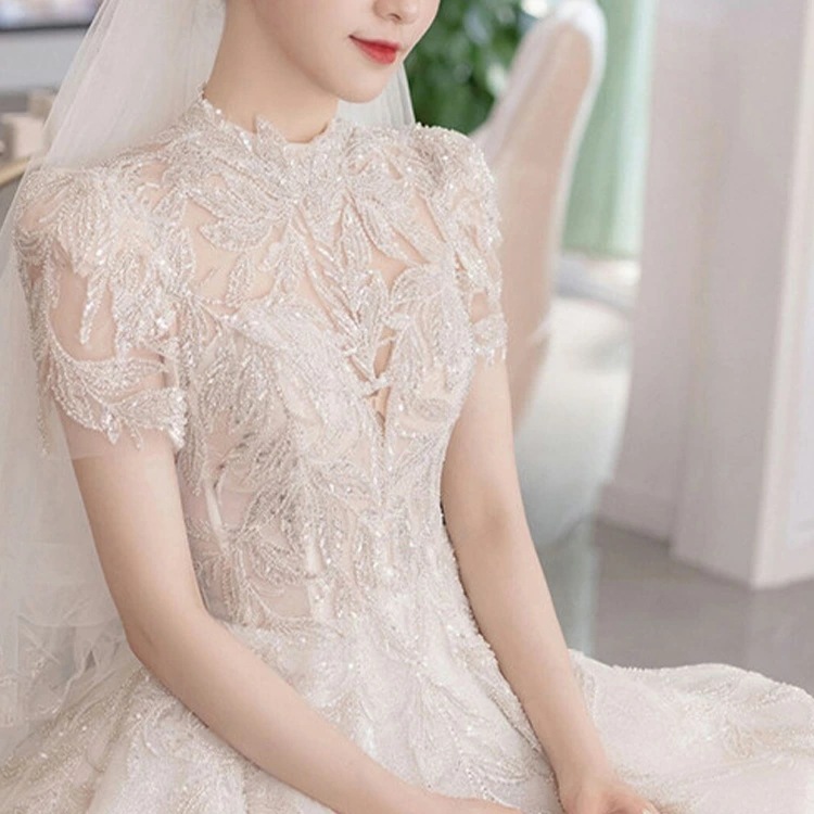 爆裂超特価 ウェディングドレス 袖あり ハイネック 透かし彫り セクシー セクシー 花嫁ドレス 白 ロングドレス スパンコール キラキラ キレイめ 結婚式ドレス ホワイトドレス ブライダルドレス 海外