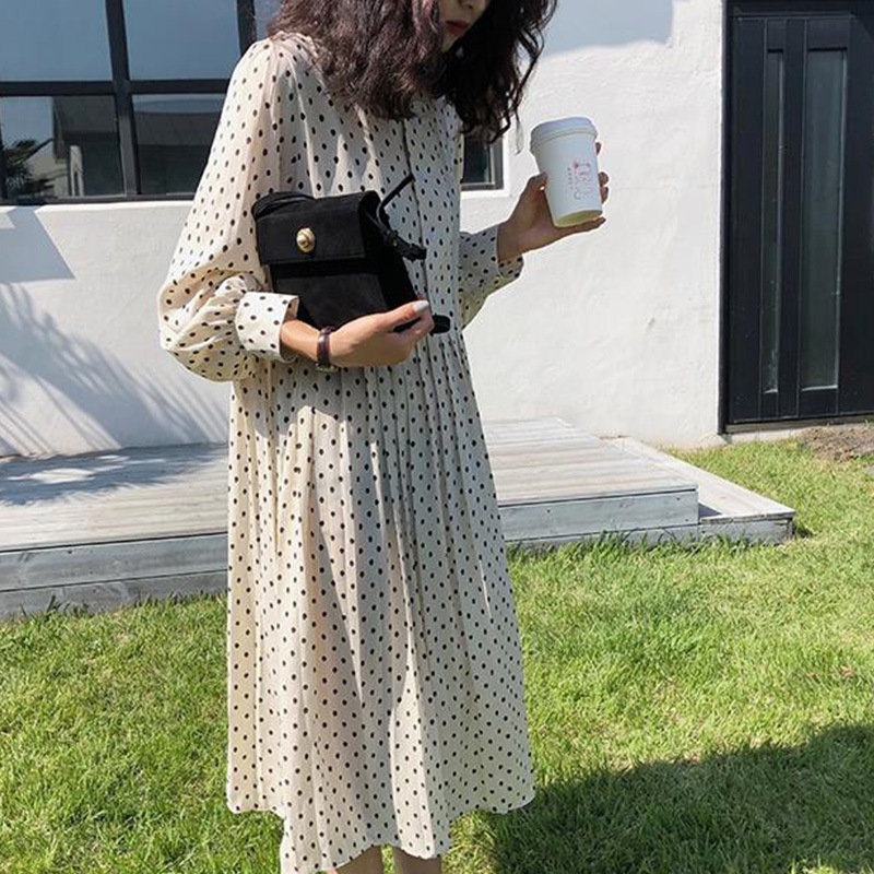 3色 ワンピース 長袖 春 カジュアル aライン シャツワンピース フレア ミディアム丈 ミドル丈 襟なし バンドカラー Aライン 切り替えデザイン ドッキングワンピース プリーツ ハイウエスト 黒