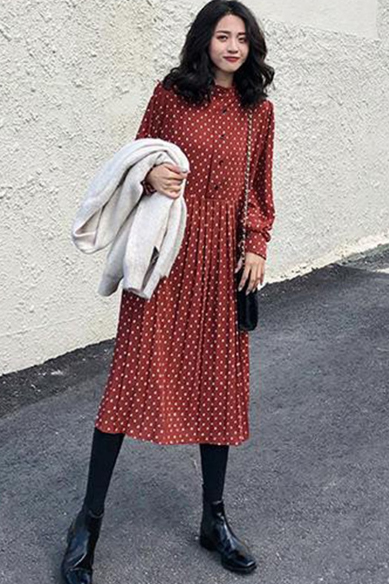 3色 ワンピース 長袖 春 カジュアル aライン シャツワンピース フレア ミディアム丈 ミドル丈 襟なし バンドカラー Aライン 切り替えデザイン ドッキングワンピース プリーツ ハイウエスト 黒