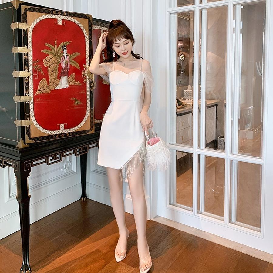 キャミワンピース オフショルダー サスペンダー ラップチェスト イレギュラー フォーマル パーティードレス 同窓会 結婚式 披露宴 卒業式 演奏会 二次会 発表会