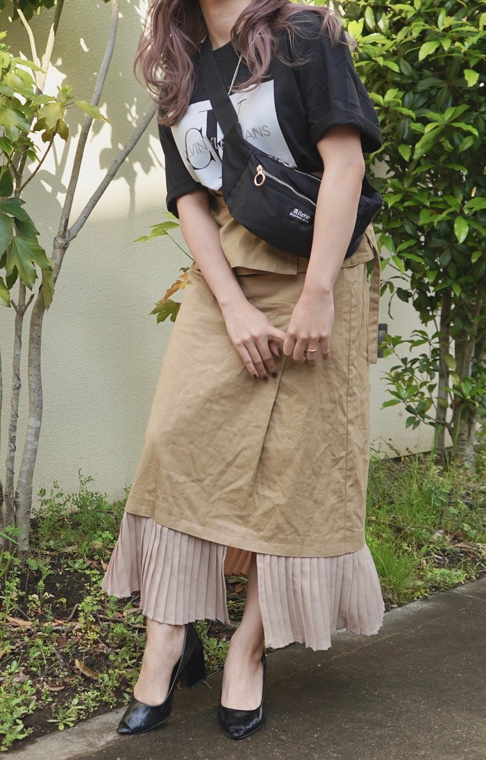 Pleats Switching Chino Long Skirt *with Belt (beige) A,D,G レディース ボトムス