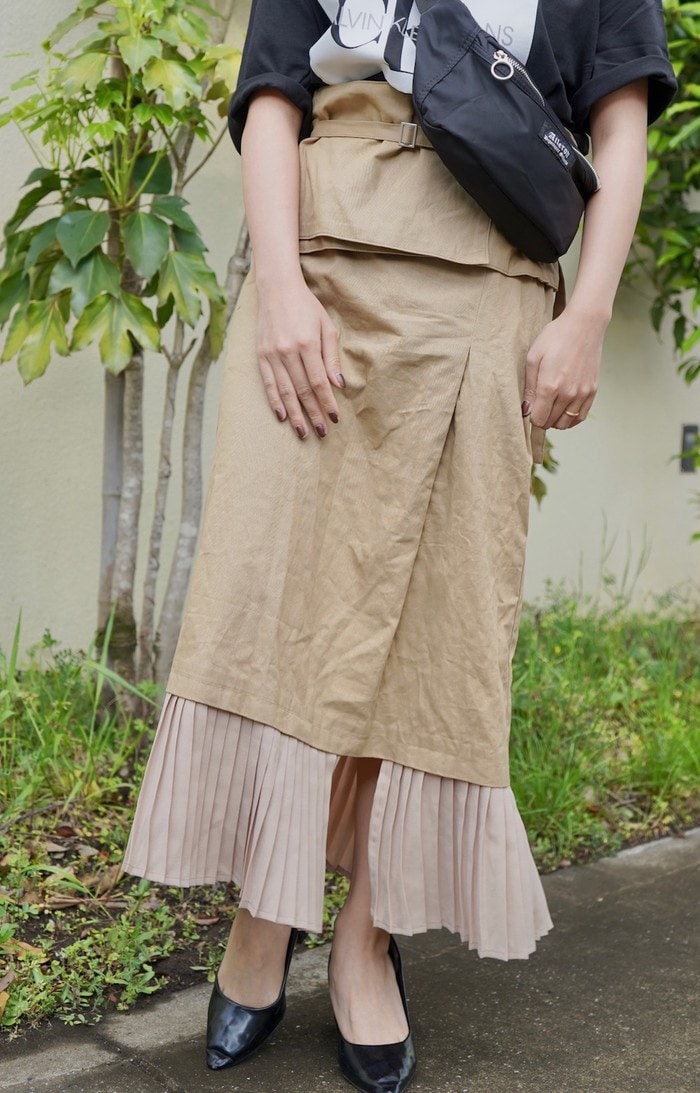 Pleats Switching Chino Long Skirt *with Belt (beige) A,D,G レディース ボトムス