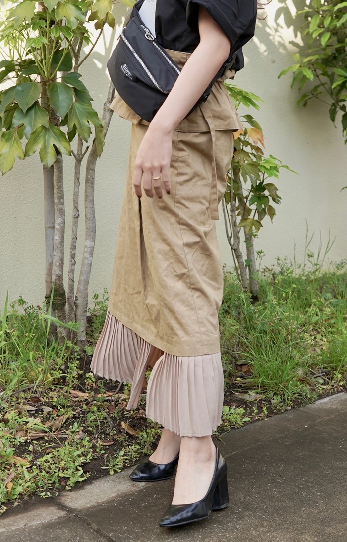 Pleats Switching Chino Long Skirt *with Belt (beige) A,D,G レディース ボトムス