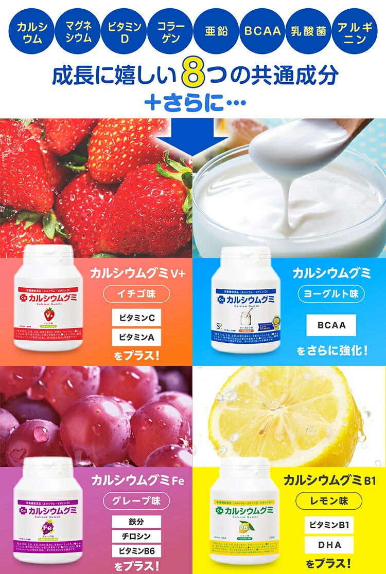 成長サプリ カルシウムグミFe グレープ味 2箱セット 60日分 伸び盛りの子供 身長 健康 小食 偏食に理想的な栄養補給 鉄分 BCAA 植物性乳酸菌プラス