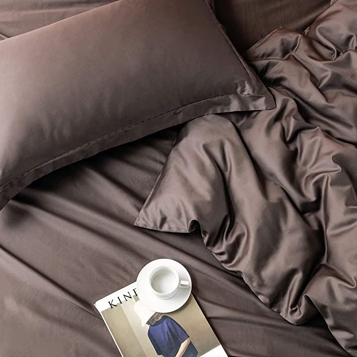 布団カバー 4点セット 無地 エジプト超長綿100% 掛布団カバー ボックスシーツ 枕カバー 300TCサテン調(ディープ トープ, ダブル)