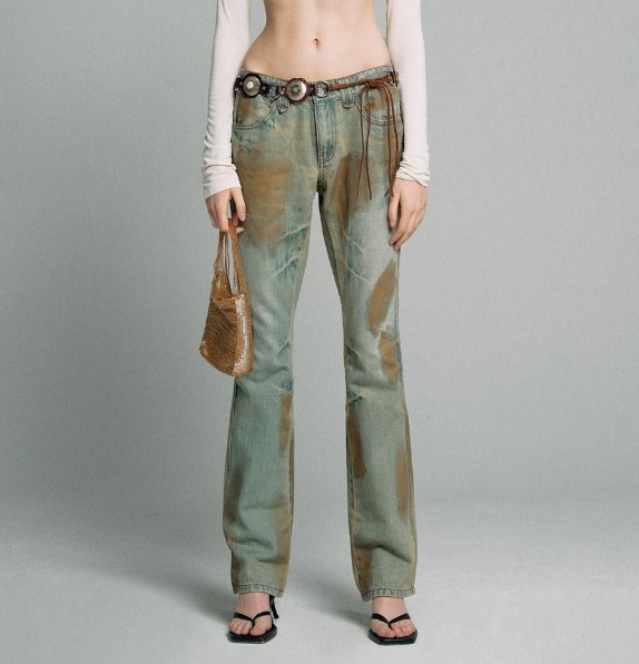 [韓国の人気商品] Metal Brushed Bootcut Denim Pants Khaki/Gold