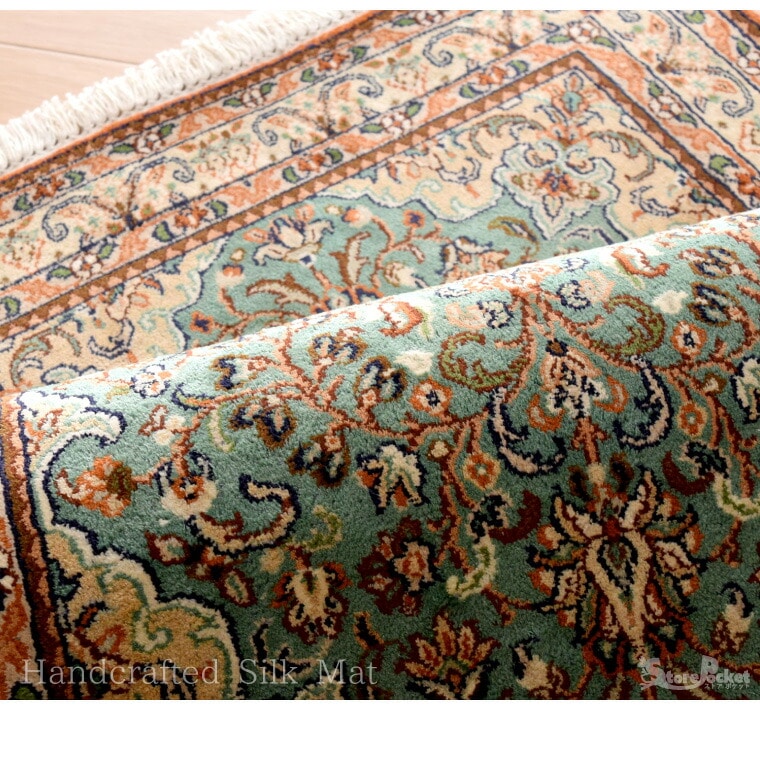 手織り シルク段通 玄関マット シルク 約66x96cm シルク100% 絹 カシミール緞通 シルク