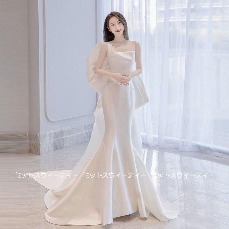 韓国ファッション個性的 大きいリボン 写真撮影 花嫁 ウエディングドレス 前撮り ロングドレス 二次会 パーティドレス ウェディグドレス マーメイドラインドレス サテン 結婚式
